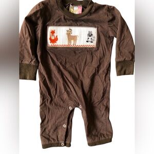 Banana Split Forest Friends Brown Embroidered Long Sleeve Playsuit Sz 12mo